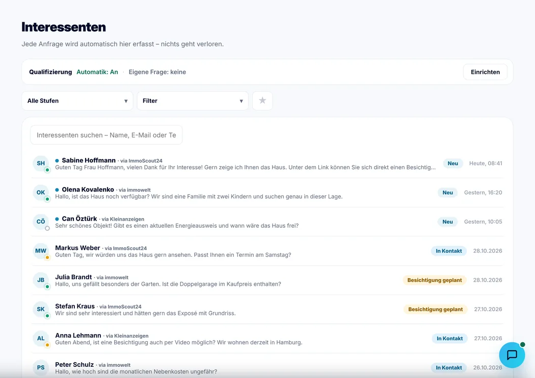Interessenten-Liste mit Anfragen aus allen Portalen (Beispieldaten)