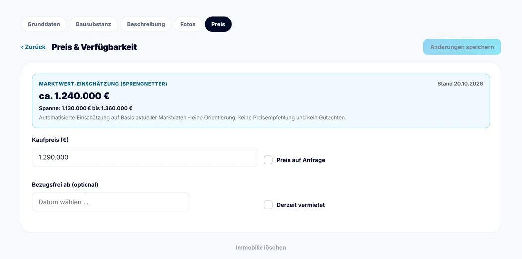 Marktwert-Einschätzung von Sprengnetter im Dashboard (Beispieldaten)