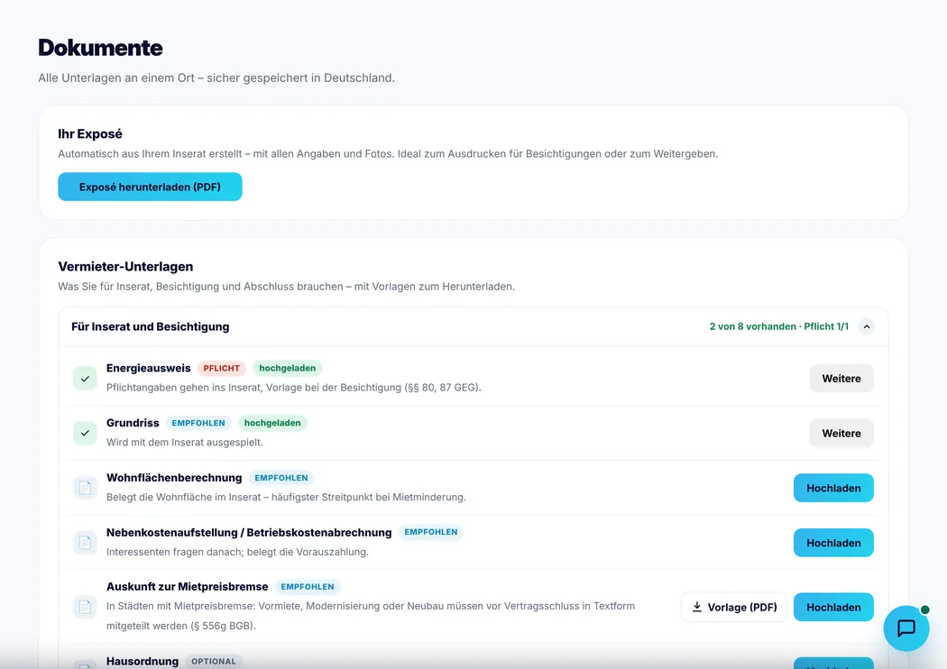 Dokumente mit Vermieter-Checkliste und Vorlagen (Beispieldaten)