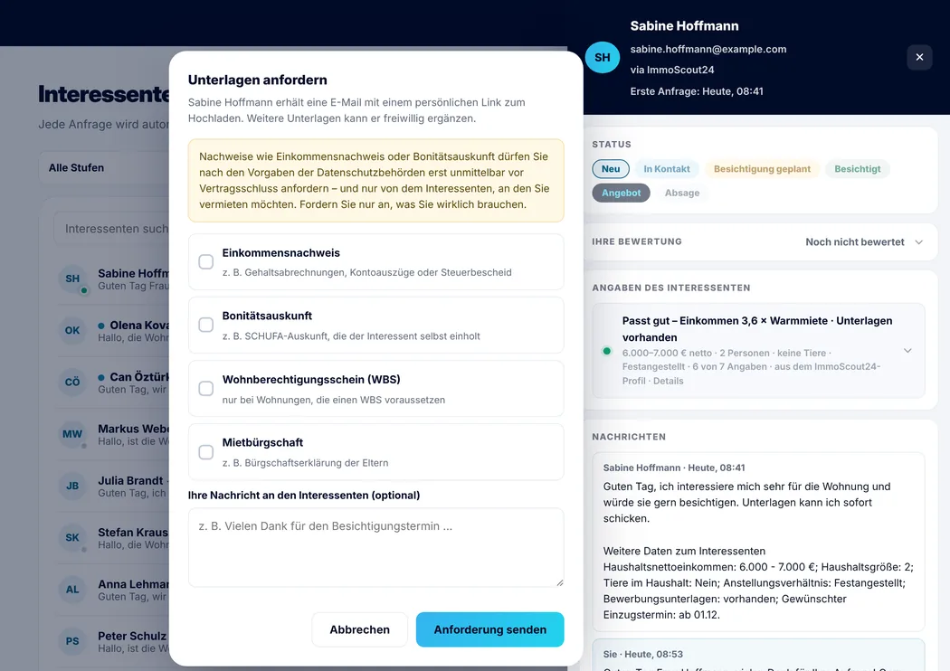 Dialog „Unterlagen anfordern“ mit Einkommensnachweis, Bonitätsauskunft, WBS und Mietbürgschaft (Beispieldaten)