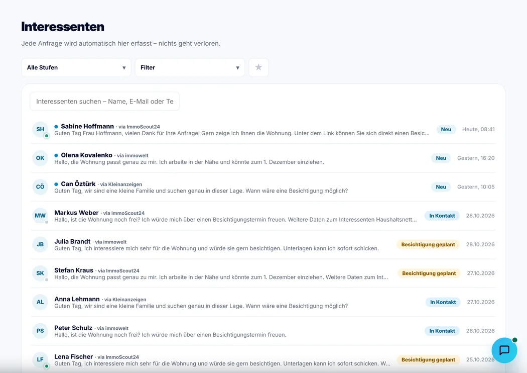Interessenten-Liste mit Anfragen aus allen Portalen (Beispieldaten)