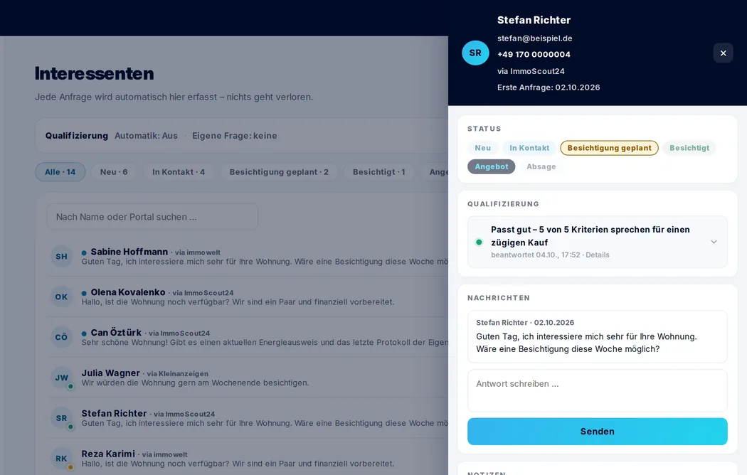 Interessenten-Übersicht mit geöffnetem Interessentenprofil (Beispieldaten)